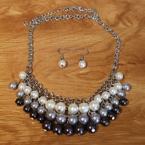 Faux Pearl Bib Necklace Earring Set Womens Silver Tone‎ Whimsigoth Party Office